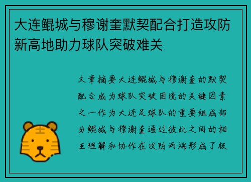 大连鲲城与穆谢奎默契配合打造攻防新高地助力球队突破难关