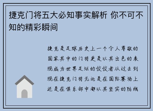 捷克门将五大必知事实解析 你不可不知的精彩瞬间